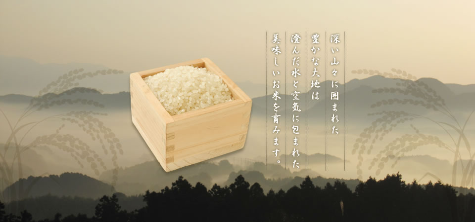 深い山々に囲まれた豊かな大地は澄んだ水と空気に包まれた美味しいお米を育みます。